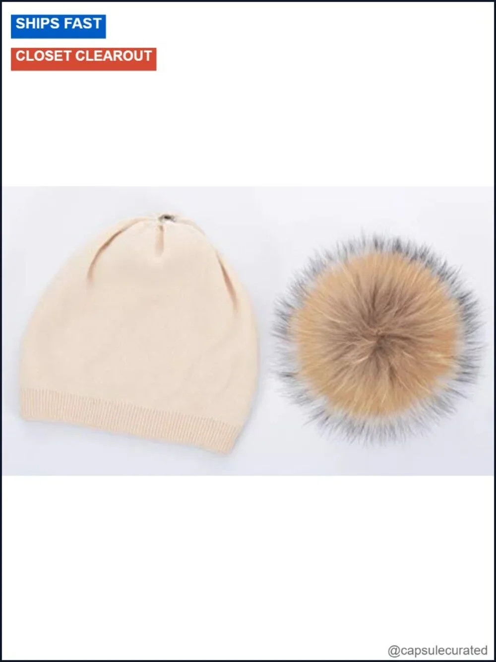 Wool Blend Cashmere Real Fur Pom Pom Slouchy Knit Beanie Hat